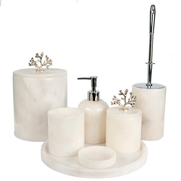 Rolin Beyaz Mermer Banyo Seti 7li - Gümüş Mercan
